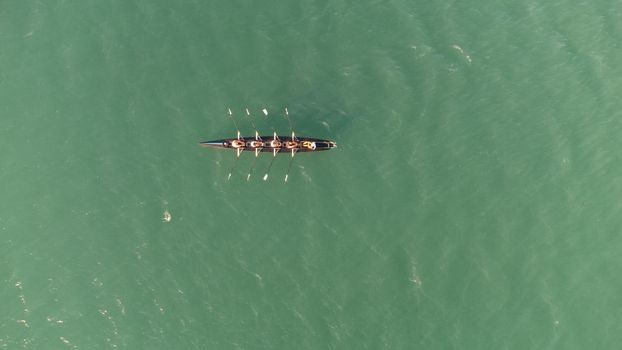 rowing team paddles on the tranquil sea