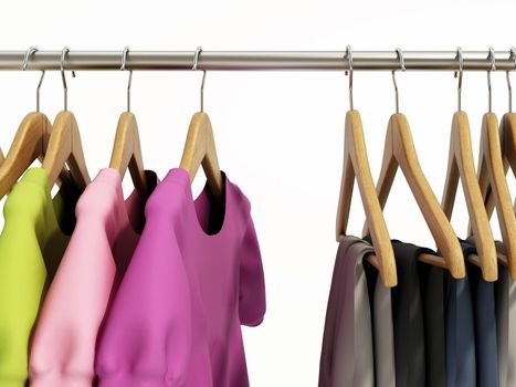 Wooden cloth hangers with clothes on the bar. 3D illustration
