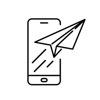 Paper plane with smartphone icon. Communication concept. Black conceptual icon.