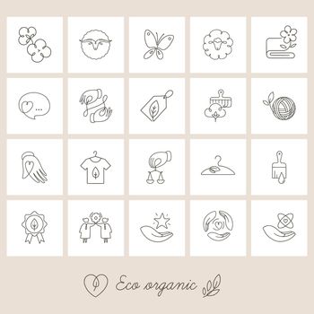 Vector set of linear icons related to slow fashion and sustainable made textiles, fabrics, garments, and clothes - eco-friendly manufacturing and fair trade certified producing. EPS 10.
