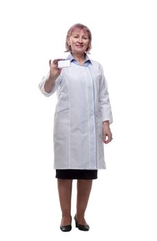 qualified doctor showing her visiting card. isolated on a white