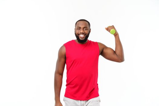 Young fitness african black man in sport wear cheering carefree and excited. Victory concept.
