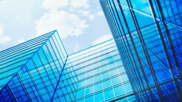 Glass building. Transparent glass wall of office building. Modern office building with glass facade on a clear sky background. 3d Rendering