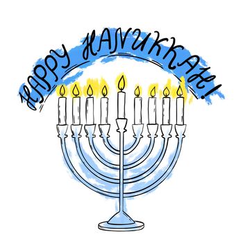 Hand drawn illustration of hannukah menorah with happy hannukah greeting . Burning blue yellow candles simple minimalist outline, judaism jew israeli design, religious religion hebrew print.