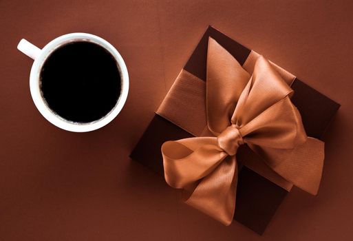 Coffee cup and luxury gift box flatlay background