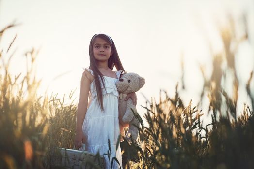 Were ready to leave the farm. Portrait of a cute little girl playing with her teddybear in a cornfield.