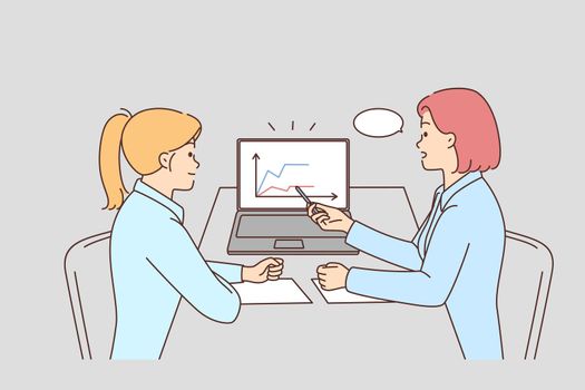 Businesswomen sit at desk discuss financial graphs on computer in office. Successful female colleagues brainstorm over statistics on laptop. Teamwork. Vector illustration.