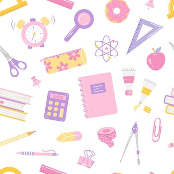 Student's school items, vector seamless pattern on white background, back to school