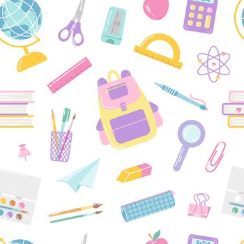 Student's school items, vector seamless pattern on white background, back to school