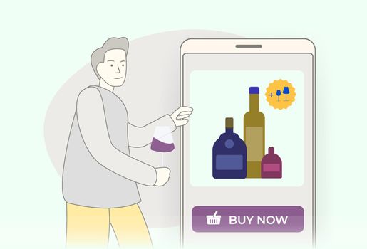 Alcohol E-commerce - online purchase of alcohol concept. Specialized alco shop online mobile store with payment and remote delivery. A character with a glass of wine orders beverage delivery