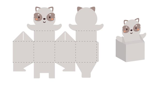 Simple packaging favor box raccoon design for sweets, candies, small presents. Party package template for any purposes, birthday, baby shower. Print, cut out, fold, glue. Vector stock illustration