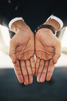 Accepting with open hands. a businessman standing with his hands opened.
