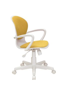 yellow office fabric armchair on wheels isolated on white background, side view