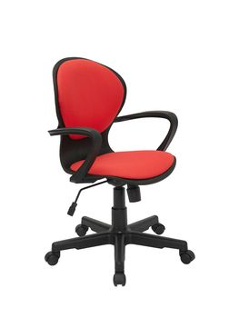 red office fabric armchair on wheels isolated on white background, side view