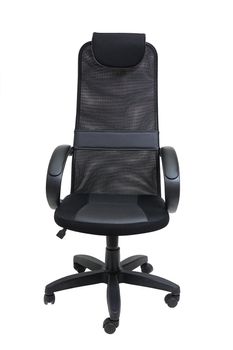 black office fabric armchair on wheels isolated on white background, front view