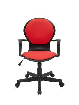 red office fabric armchair on wheels isolated on white background, front view