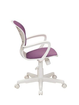 purple office fabric armchair on wheels isolated on white background, side view