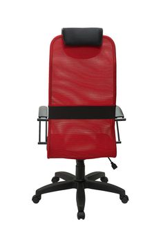 red office fabric armchair on wheels isolated on white background, back view