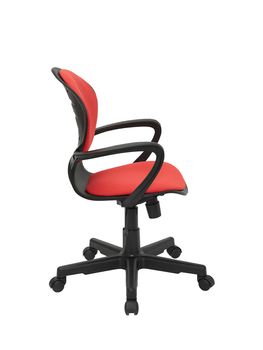 red office fabric armchair on wheels isolated on white background, side view