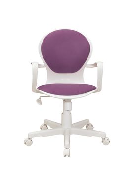 violet office fabric armchair on wheels isolated on white background, front view