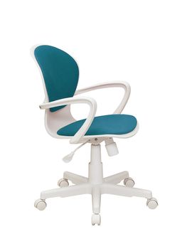 blue office fabric armchair on wheels isolated on white background, side view