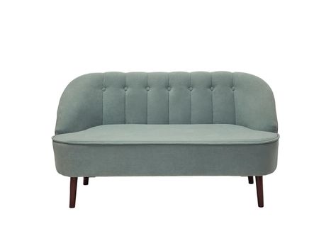vintage blue fabric sofa isolated on white background, front view. retro couch