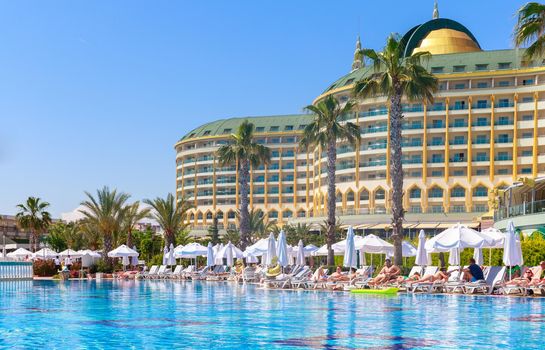 ANTALYA, TURKEY - MAY 11, 2014: Delphin Imperial hotel with swimming pool on MAY 11, 2014 in Antalya