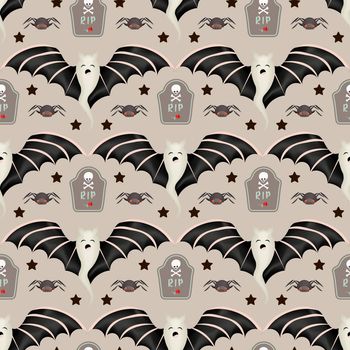 Bats emotions, seamless pattern on dark background, desktop wallpaper, halloween vampires, scary faces. Halloween wrapping paper.