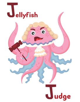 Latin alphabet ABC of animal professions starting with letter j jellyfish judge in cartoon style.