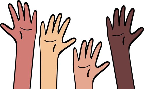 Raised hands different skin colour. Equality and diversity, race unity, international community concept. Illustration in flat catroon style, colored outline isolated on white vackground