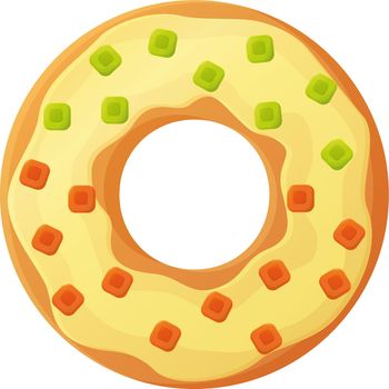 Bright doughnut with cream glaze and gummies. No diet day symbol, unhealthy food, sweet fastfood, sugar snack, extra calories concept. Stock vector illustration isolated on white background in cartoon style