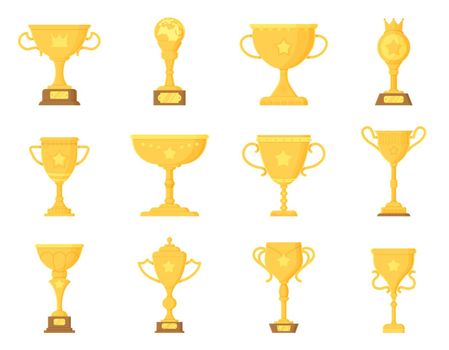Sport winner trophy elements set. Golden prize. Championship cup, triumph goblet concept.