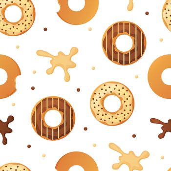 Sweet colorful baked glazed donuts or doughnuts Seamless pattern with sprinkles and splashes