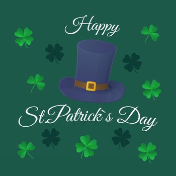 St.Patrick s Day greeting card. Traditional Leprechaun hat with clovers, shamrock on green background. Stock vector illustration in cartoon realistic style