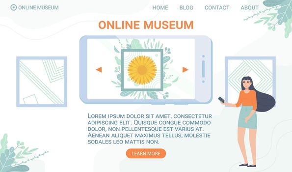 Online museum web banner template. Stay home, interactive gallery, exhibit digital education, mobile excursion, quarantine entertainment concept. Stock vector illustration in flat cartoon style.