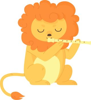 Cute african lion with eyes closed plays the flute. Mesic education, lids band concept. Stock vector illustration isolated on white background in flat cartoon style.
