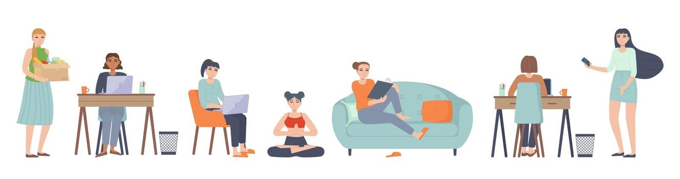 leisure activities character set. Sitting on sofa,couch with laptop, reading, learning, working at home, meditation. Home, indoor hobby and lifestyle, relaxation lasttime concept. Stock vector illustration isolated on white background in flat cartoon style