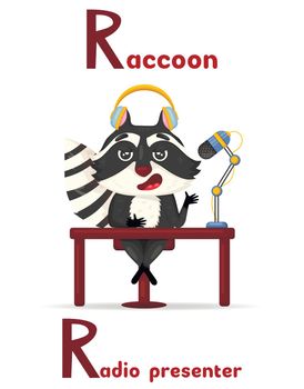Latin alphabet ABC animal professions starting with letter r raccoon radio presenter in cartoon style.