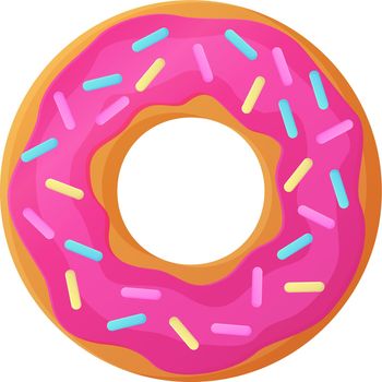 Bright doughnut with pink glaze and sprinkles. No diet day symbol, unhealthy food, sweet fastfood, sugar snack, extra calories concept. Stock vector illustration isolated on white background in cartoon style