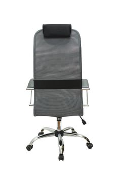 grey office fabric armchair on wheels isolated on white background, back view