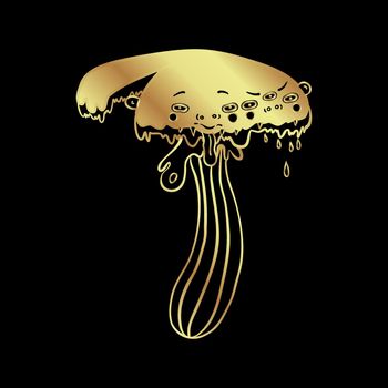 Magic mushrooms. Psychedelic hallucination. Gold vector illustration isolated on black. 60s hippie art.
