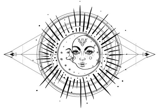 Sun and Triple moon pagan Wicca moon goddess symbol. Three faced Goddess, Maiden, Mother, Crone isolated vector illustration. Tattoo, astrology, alchemy, boho and magic symbo