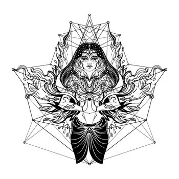 Young beautiful witch. Mystic character. Alchemy, tattoo art. Isolated black and white vector illustration. Halloween concept. Wiccan woman.