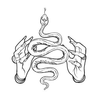 Magic hand and snake. Fortune telling concept. Spiritual Palmistry symbol logo and temporary tattoo. Esoteric mystical black silhouette serpent. Vector outline illustration.