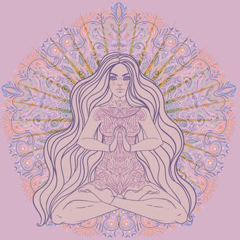 Beautiful Girl sitting in lotus position over ornate colorful mandala background. Vector illustration. Psychedelic mushroom composition. Buddhism esoteric motifs.