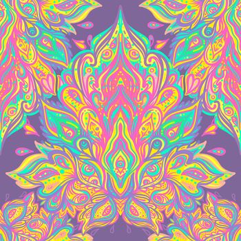 Floral paisley indian vector colorful ornate seamless pattern. Hand drawn design in ethnic Indian style. Mystic abstract background, hippie and boho texture.
