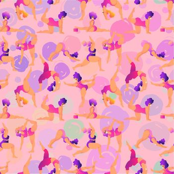 Plus size black curvy girls doing yoga class. Seamless pattern. Vector illustration. Online home workout concept. Body positive.