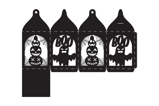 Happy Halloween treat box. Gift party favor box for sweets, candies, small present, bakery. Simple packaging die cut template for laser cut with bats silhouette. Vector stock illustration