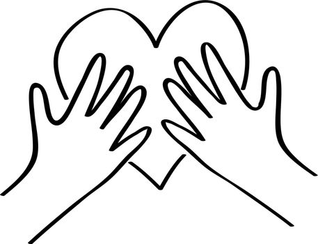 Kids hands holding heart. Charity donation, social care concept. Vollunteer logo. Outline illustration in hand drawn style