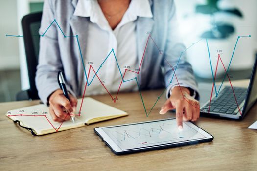 Graphs, data and information on a digital tablet with a business analyst, stock trader and financial officer planning reports online in an office. Woman doing marketing, finance and economy research